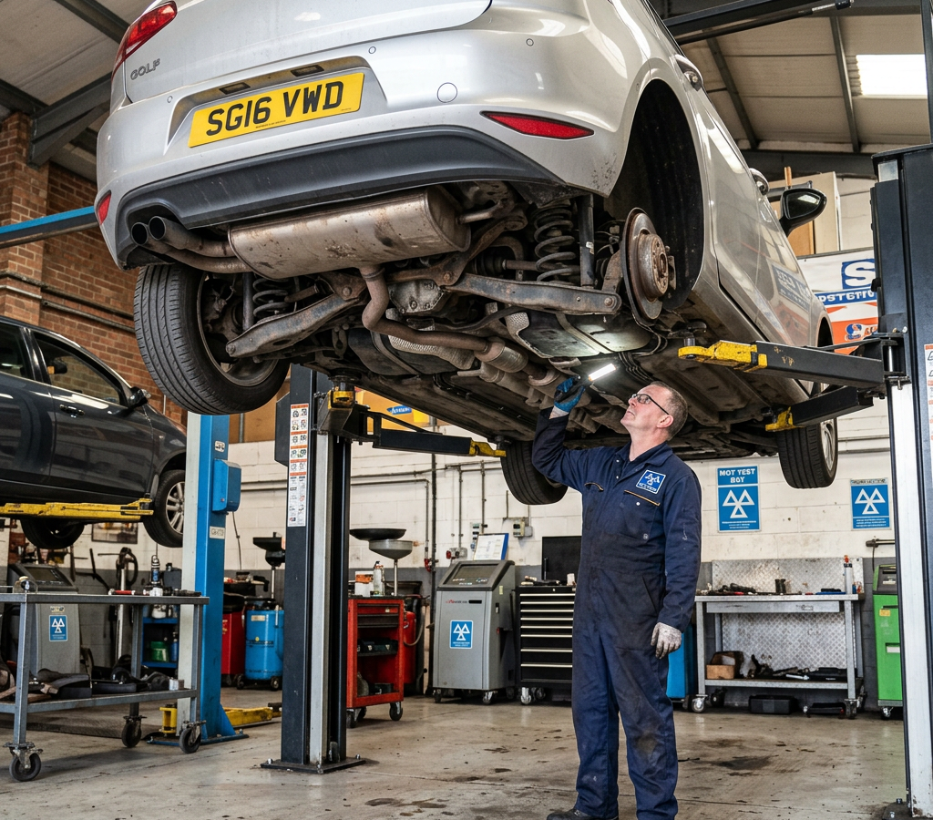 Mechanic inspecting underside of a white Volkswagen Golf on a hydraulic lift