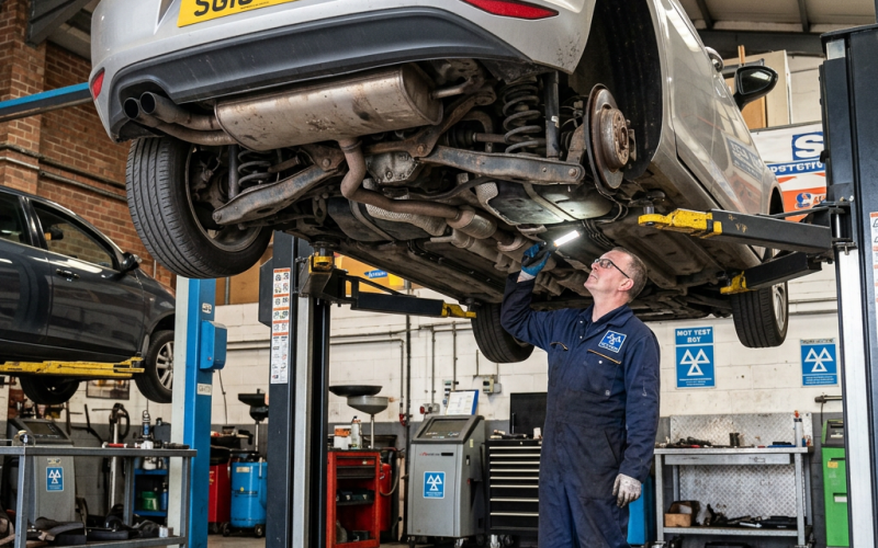 Mechanic inspecting underside of a white Volkswagen Golf on a hydraulic lift